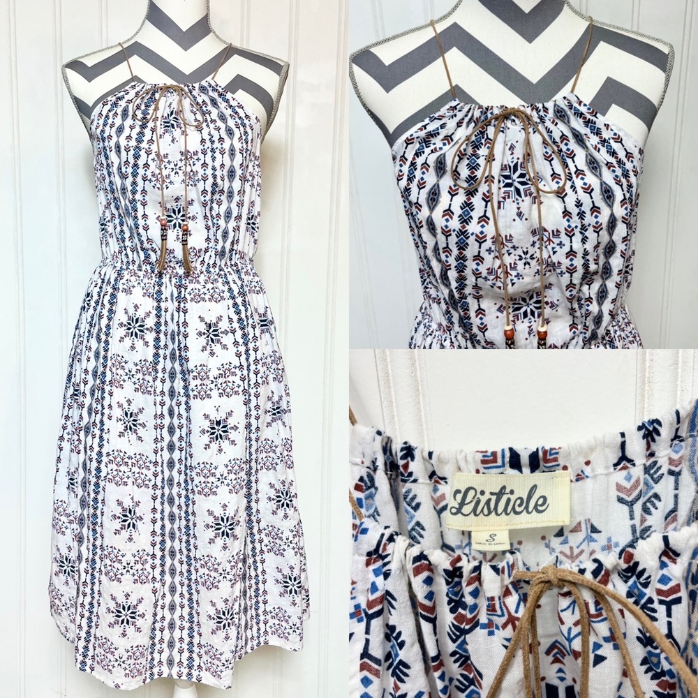 Women's Listicle Boho White Halter Cotton Midi Dress w/ Tassels Size Small
